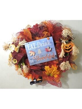Autumn 'Eat, Drink & Be Thankful' Fall Wreath - Orange & Burgundy